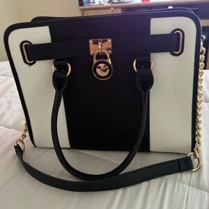 Black & White Michael Kors Inspired Structured Tote Handbag with Gold Hardware